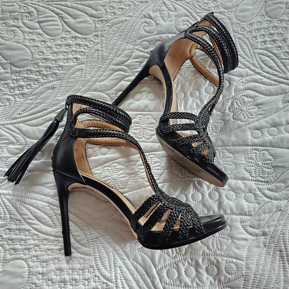 BCBG MAXAZRIA Shoes - BCBG MAXAZRIA 4" Black Leather Braided Stiletto Heels With Tassel Zippers